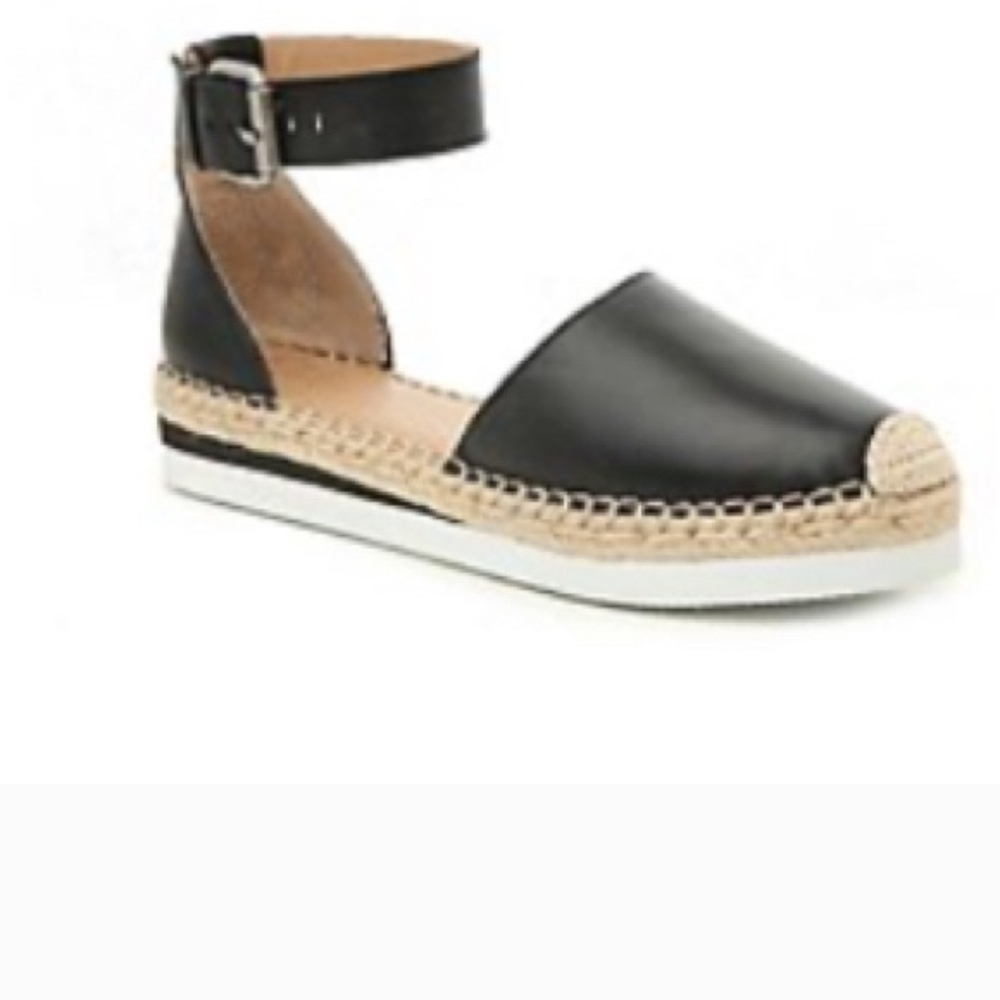 Crown & Ivy Black Leather Ankle-Strap Espadrille Flats
